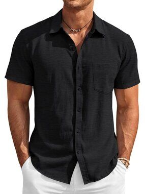 Men's Black Button Down Linen Short Sleeve Casual Beach Wedding Shirt